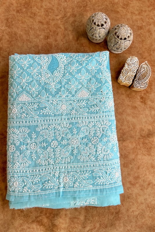 Arsh Handcrafted Blue Cotton Unstitched Chikankari Front Jaal 3pc Suit