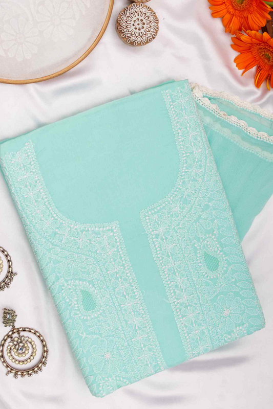 Arsh Handcrafted Sea Green Cotton Unstitched Chikankari Front Jaal 3pc Suit - arshchikan