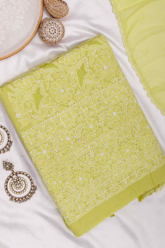 Arsh Handcrafted Parrot Green Cotton Unstitched Chikankari Front Jaal 3pc Suit - arshchikan