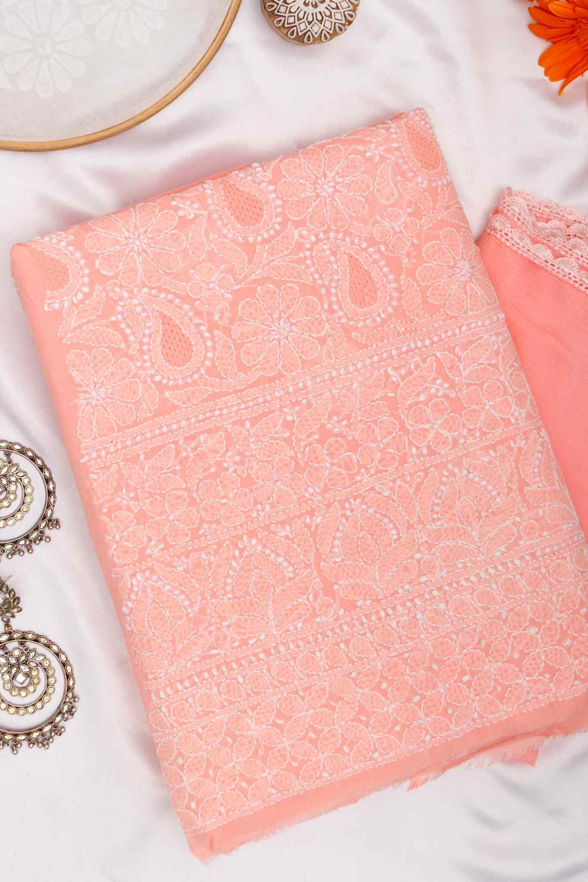 Arsh Handcrafted Peach Cotton Unstitched Chikankari Front Jaal 3pc Suit - arshchikan