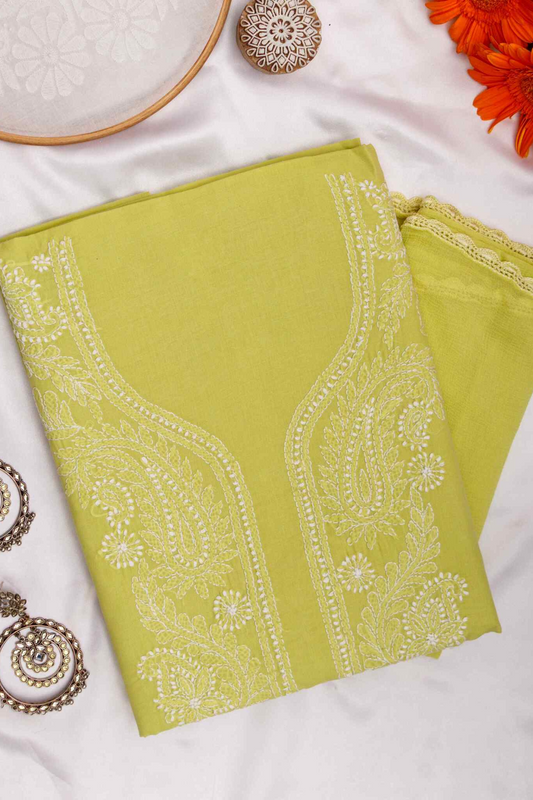 Arsh Handcrafted Pista Green Cotton Unstitched Chikankari Front Jaal 3pc Suit - arshchikan