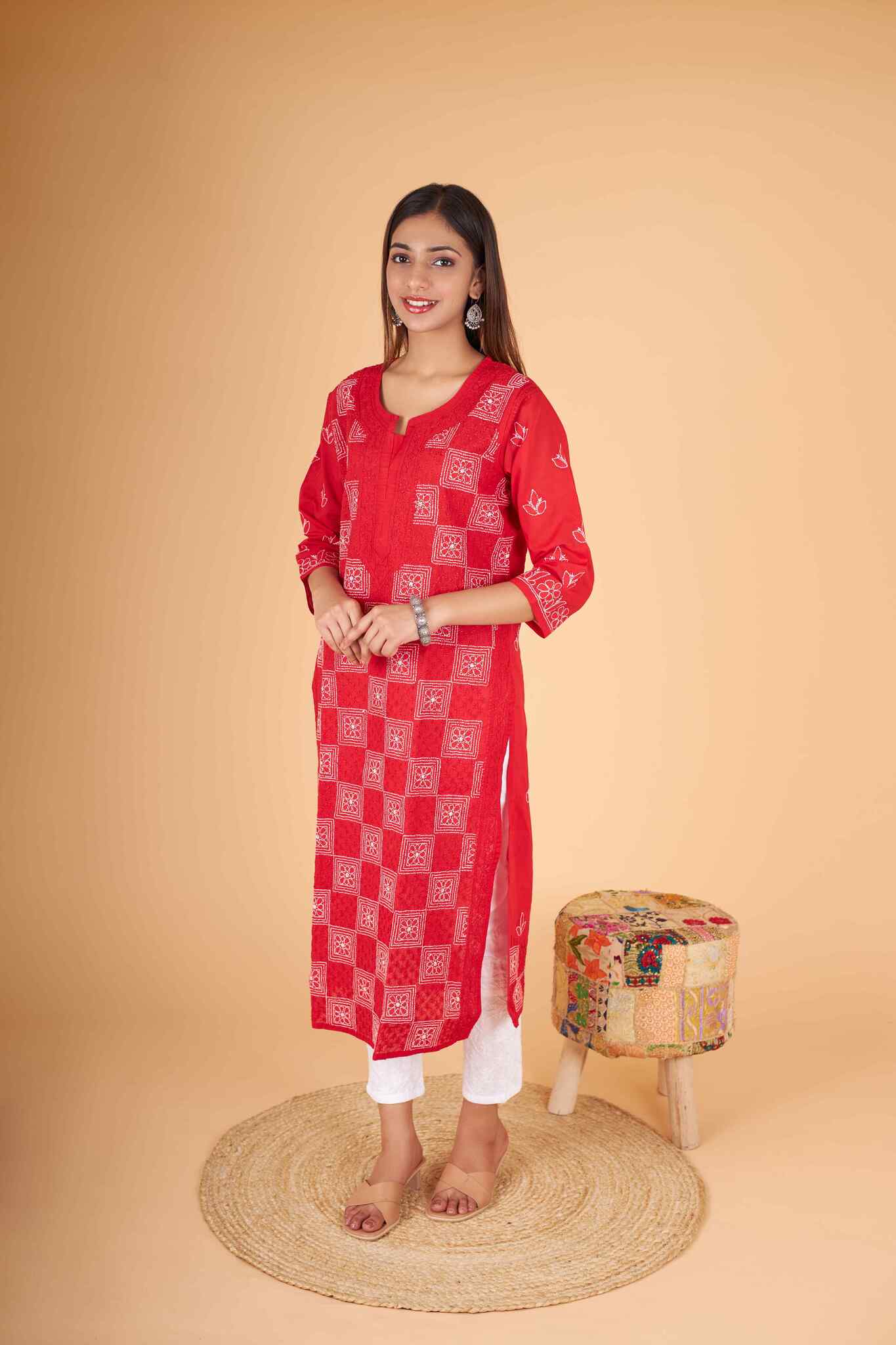 Arsh Handcrafted Red Front Jaal Pure Cotton Kurti - arshchikan