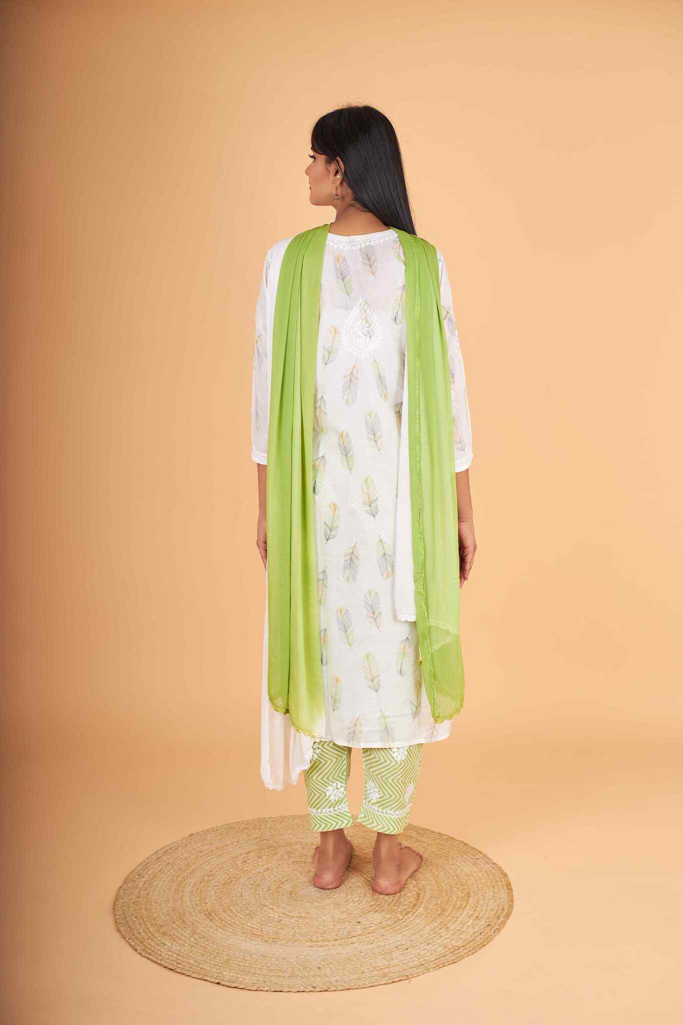 Arsh Handcrafted MulMul Cotton 3pc Kurti, Pant and Dupatta Chikankari Set - arshchikan