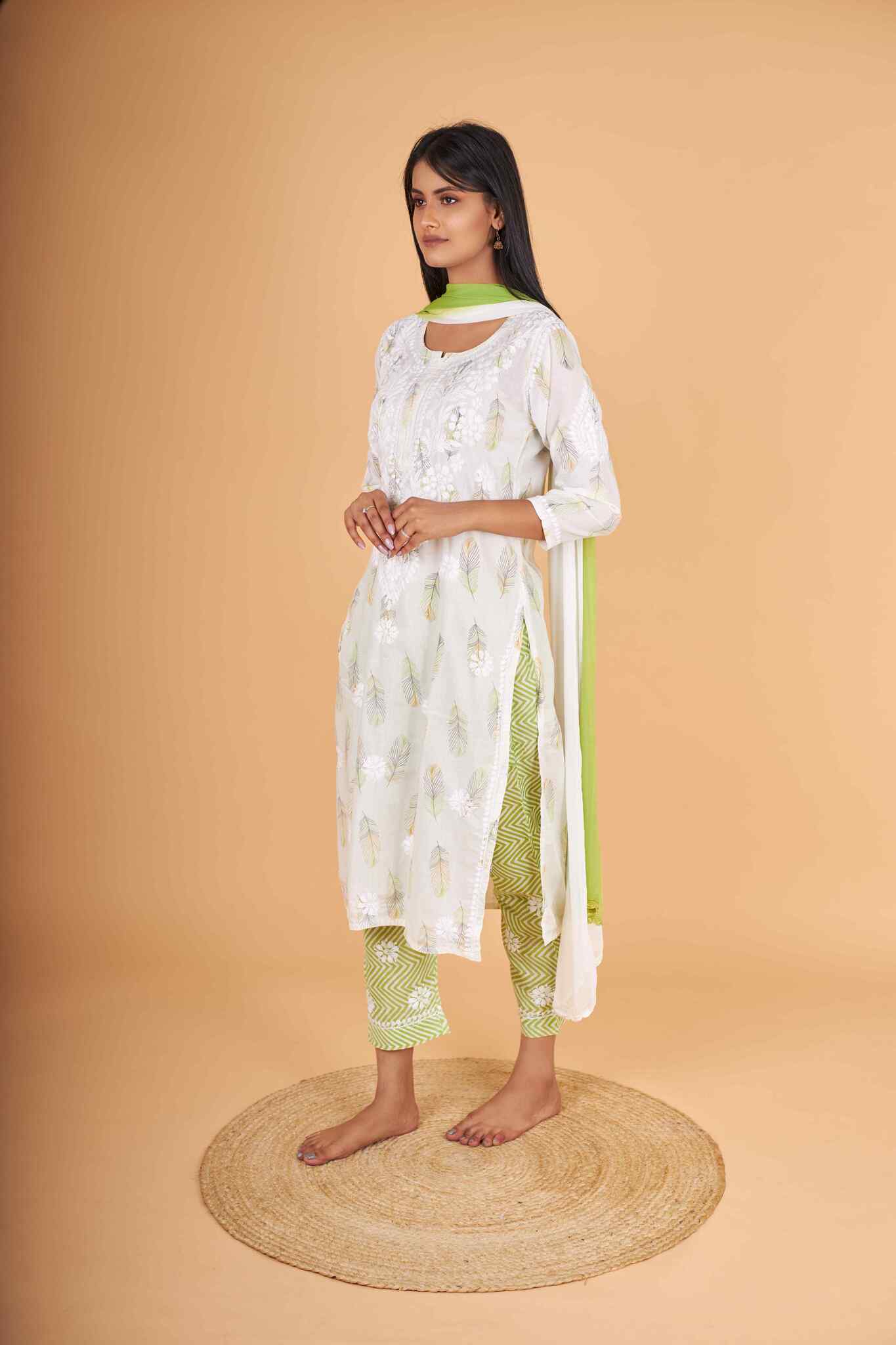 Arsh Handcrafted MulMul Cotton 3pc Kurti, Pant and Dupatta Chikankari Set - arshchikan