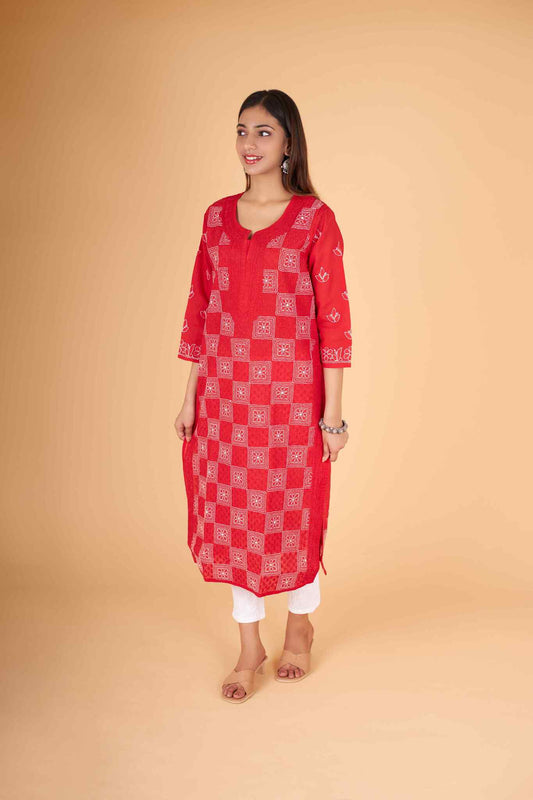 Arsh Handcrafted Red Front Jaal Pure Cotton Kurti - arshchikan