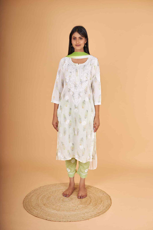 Arsh Handcrafted MulMul Cotton 3pc Kurti, Pant and Dupatta Chikankari Set - arshchikan