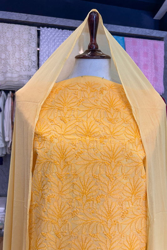 Arsh Handcrafted Mango Yellow Cotton Unstitched Chikankari 3pc Suit