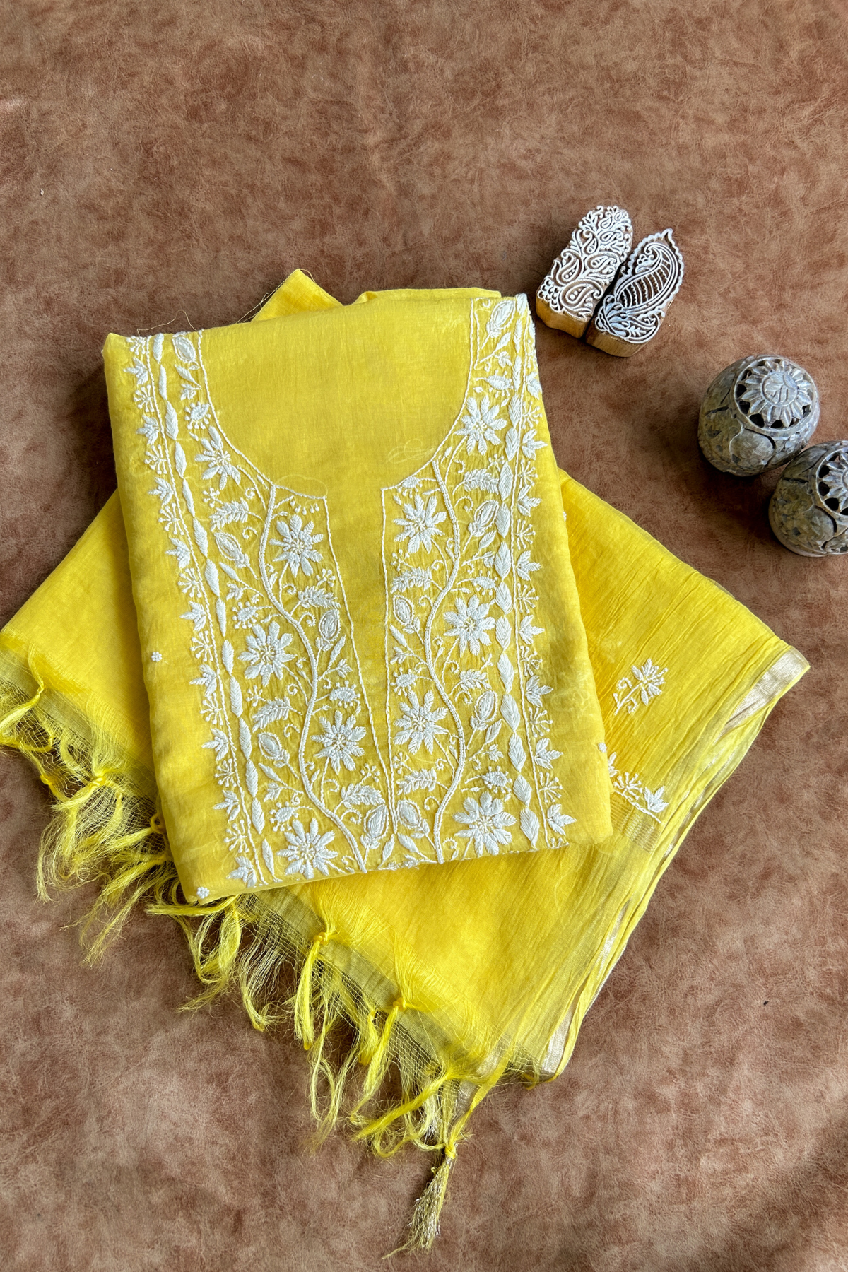 Arsh Handcrafted Mul Chanderi Unstitched Chikankari Kurta and Dupatta set