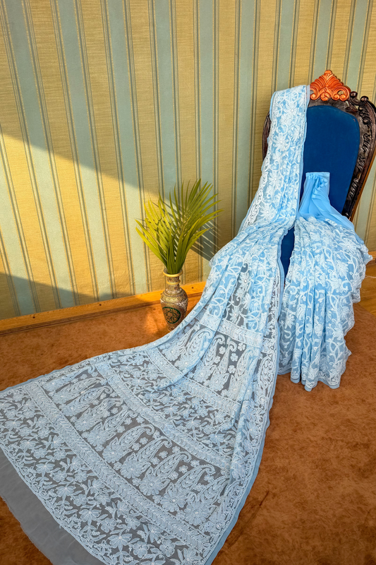 Arsh Handcrafted Georgette All Over Chikan Powder Blue Embroidered Saree - arshchikan