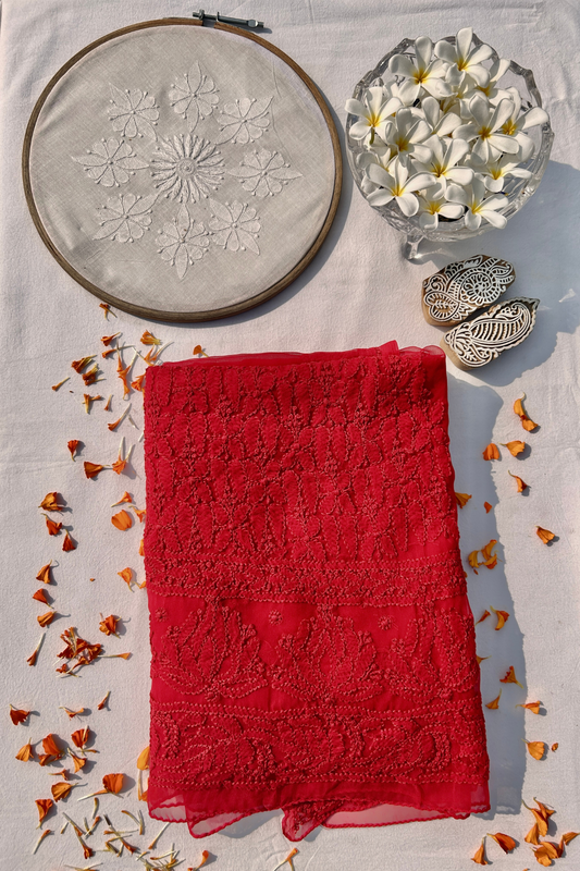 Arsh Chikan Hand Embroidered Red On Red Chikan Kurti Piece.