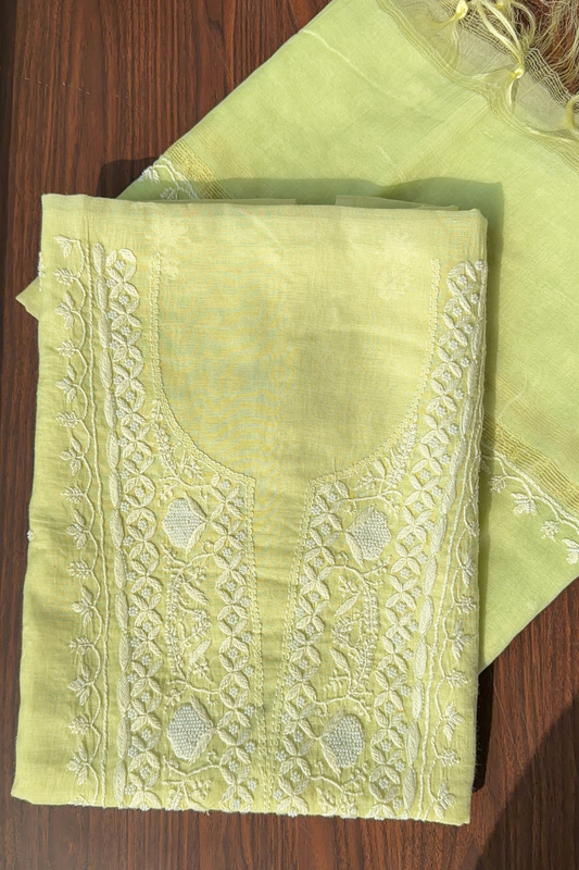Arsh Handmade Mul Chanderi Unstitched Chikankari Kurti and Dupatta set