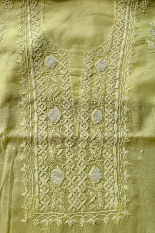 Arsh Handmade Mul Chanderi Unstitched Chikankari Kurti and Dupatta set