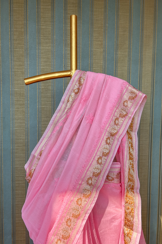 Arsh handcrafted Chikan Banarasi Linen Silk Saree