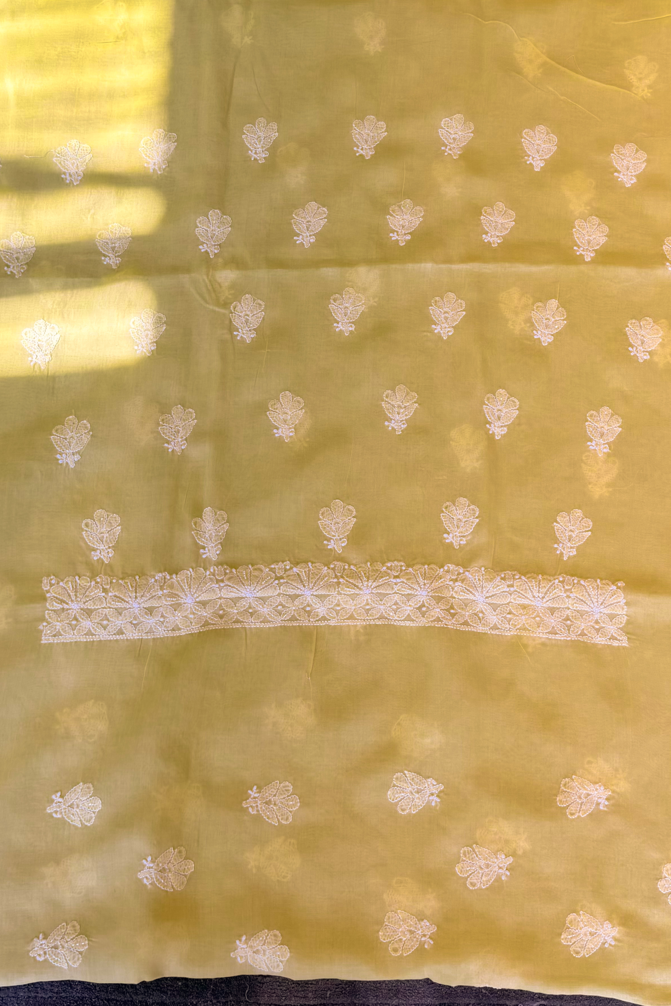 Arsh Handcrafted Yellow Cotton Unstitched Chikankari 3pc Suit - arshchikan