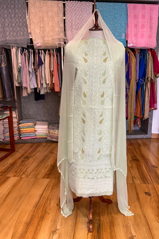 Arsh Handcrafted Pista Green Cotton Unstitched Chikankari 3pc Suit Set