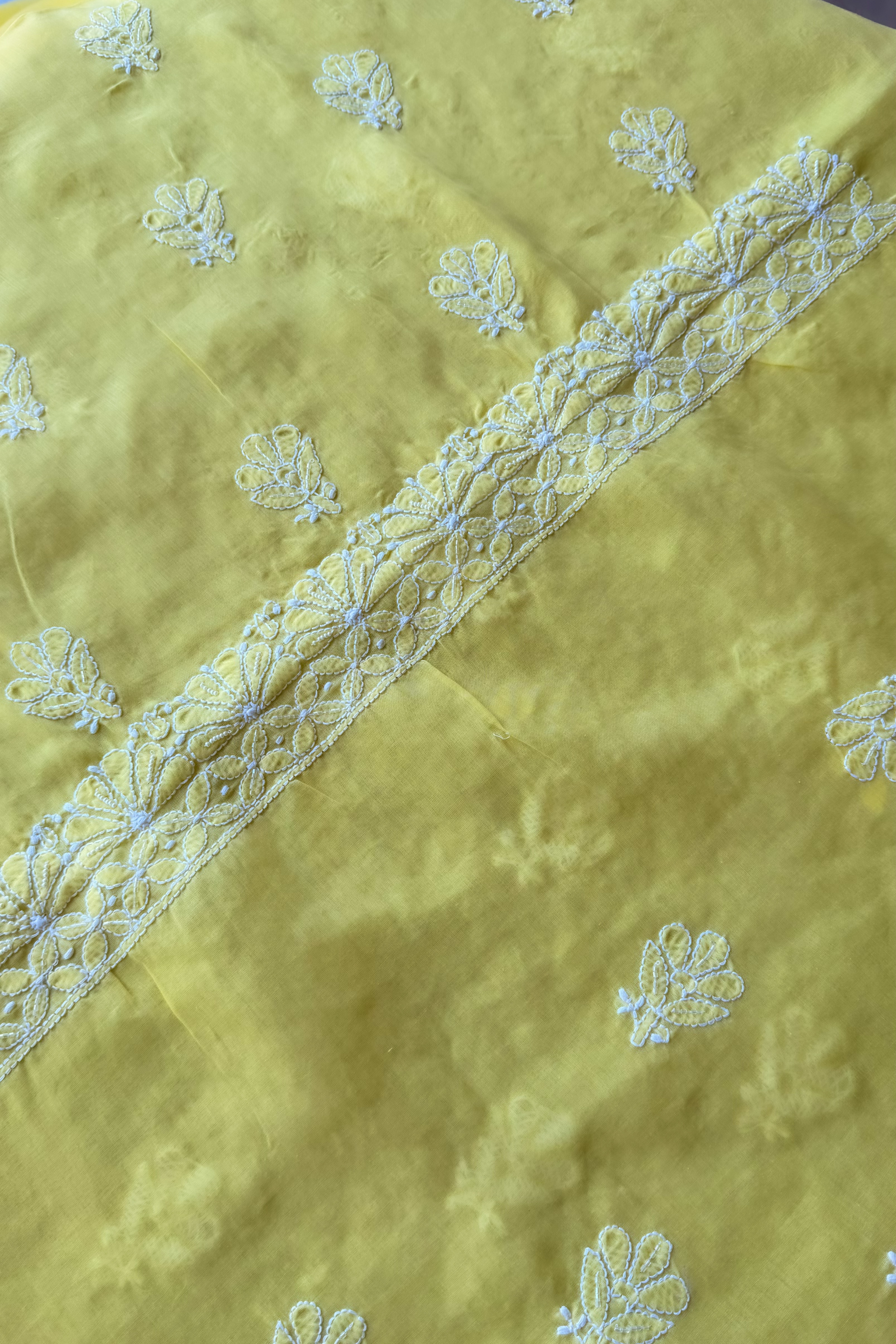 Arsh Handcrafted Yellow Cotton Unstitched Chikankari 3pc Suit - arshchikan