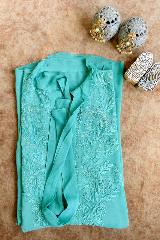 Arsh Handcrafted Forest Green Pure Viscose Georgette Semi Stitched Top