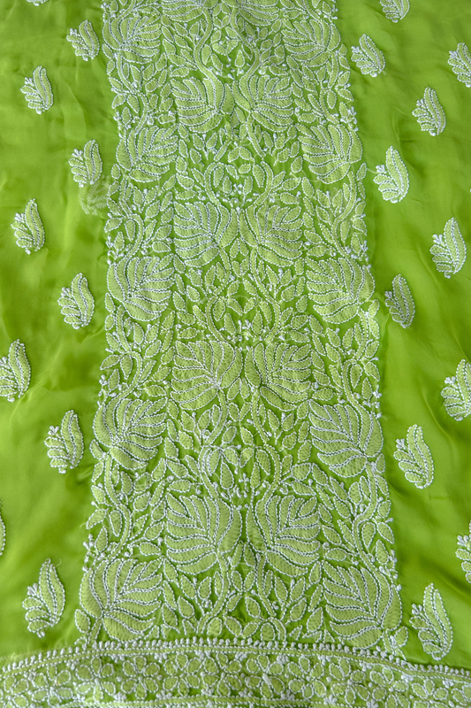 Arsh Handcrafted Parrot Green Georgette Unstitched Chikankari 3pc Suit Set