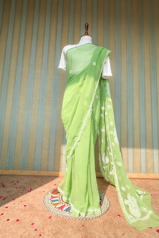 Arsh Handcrafted Semi Georgette Heavy Palla Green Chikan Embroidered Saree