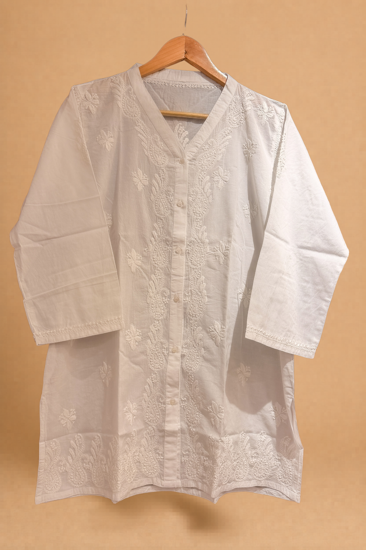 Arsh Handcrafted Pure Cotton Yog Neck Kairi Chikan Shirt