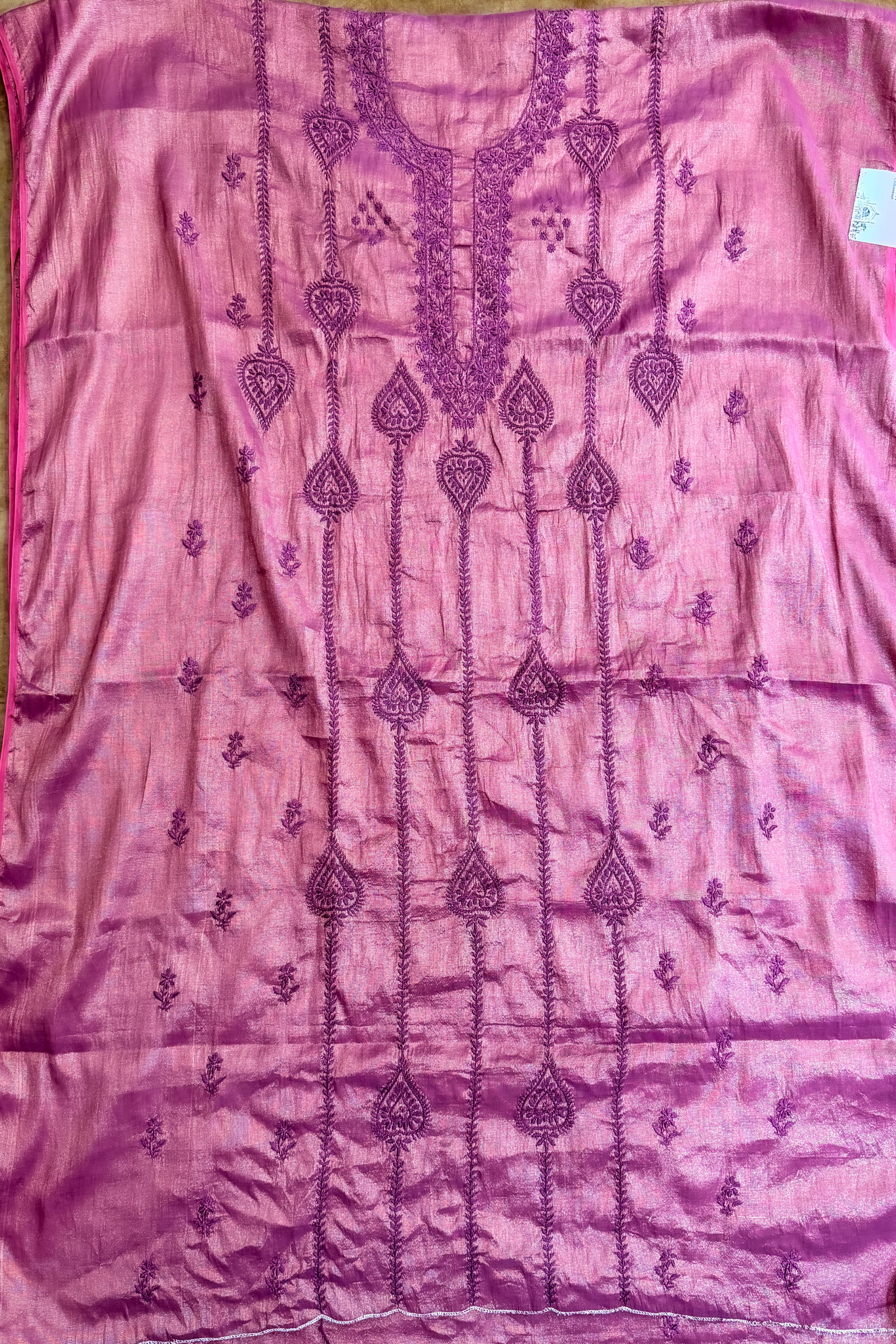 Arsh Handcrafted Tissue Chanderi Kurti and Dupatta Chikankari Set - arshchikan