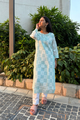 Arsh Handcrafted Sea Green Front Jaal Pure Cotton Kurti