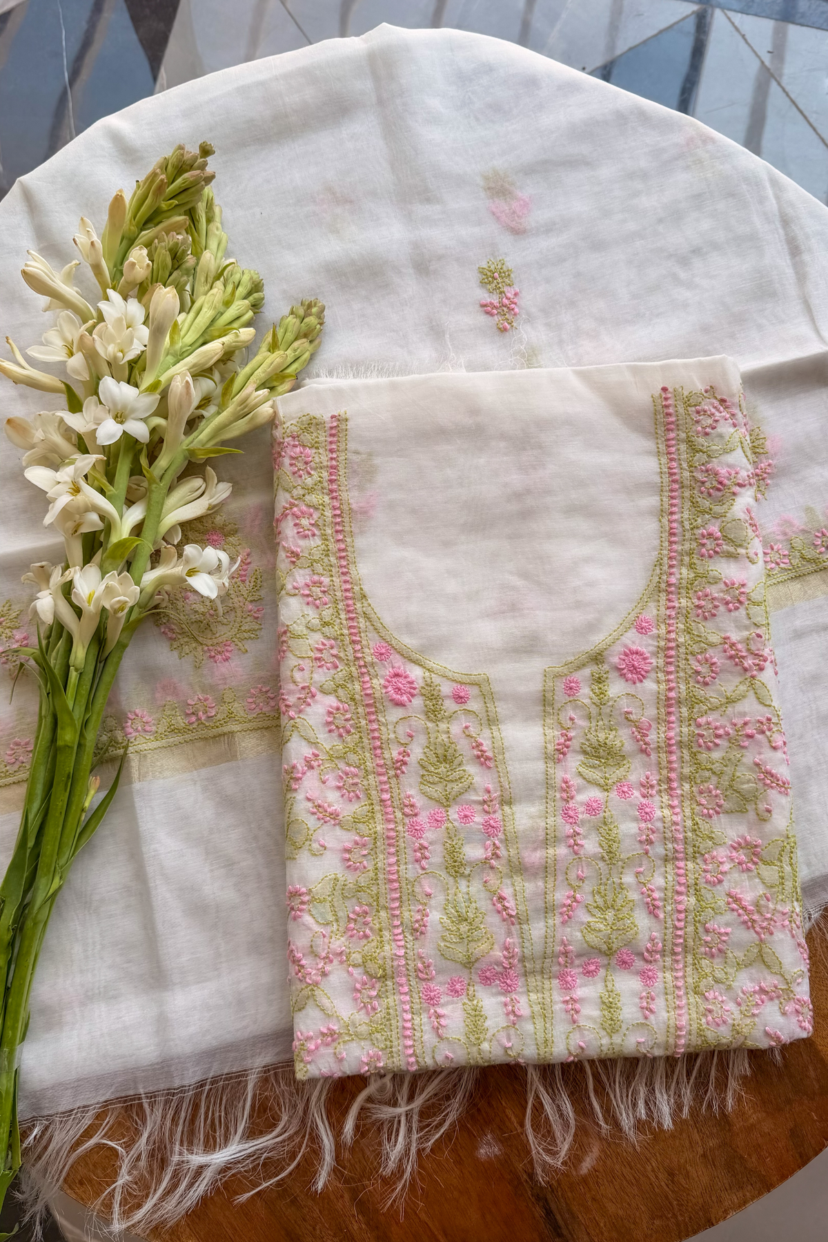 Arsh Handcrafted Mul Chanderi Unstitched Chikankari Kurti and Dupatta set - arshchikan