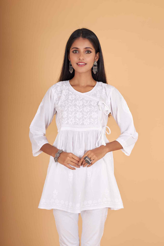 Arsh Handcrafted Pure Cotton Short Angarkha Chikan Top