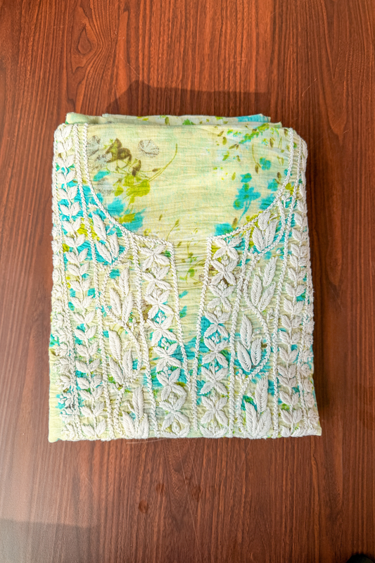 Arsh Handcrafted Pure MulMul Printed Unstitched Chikankari Kurti and Dupatta Set