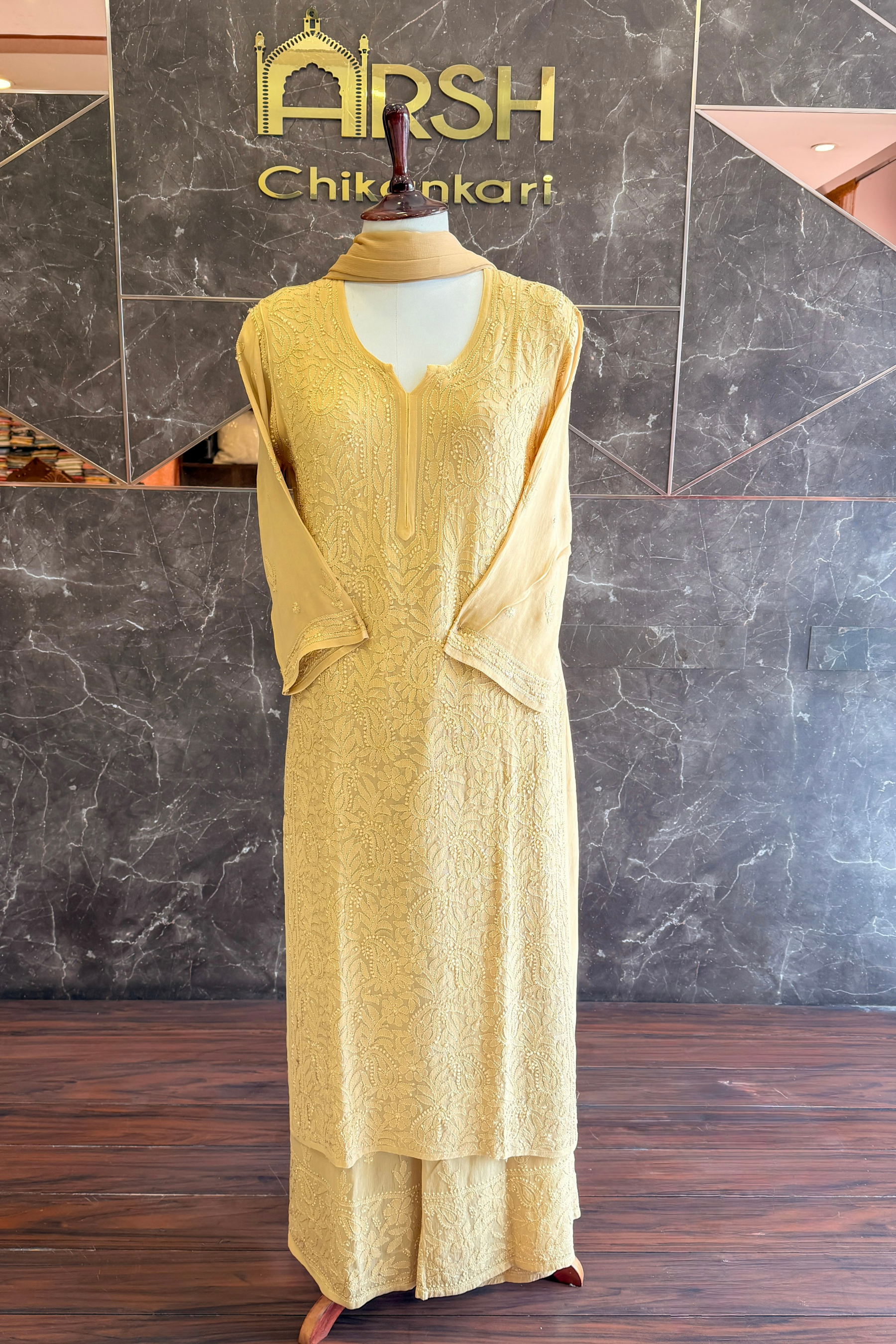 Arsh Handcrafted Kurta, Dupatta and Plazzo Set dyed in Beige Colour - arshchikan