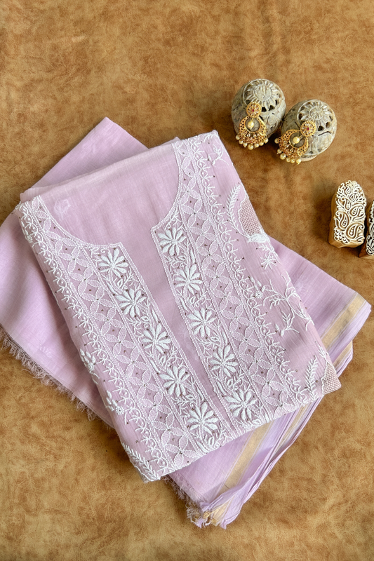 Arsh Handcrafted Mul Chanderi Unstitched Chikankari Kurti and Dupatta set