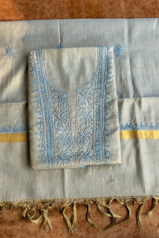 Arsh Handcrafted Tissue Chanderi Kurti and Dupatta Chikankari Set