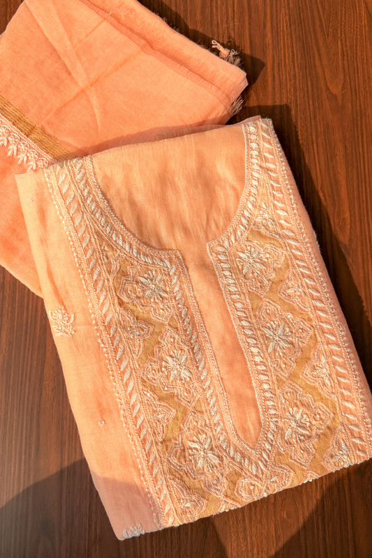 Arsh Handmade Mul Chanderi Unstitched Chikankari Kurti and Dupatta set