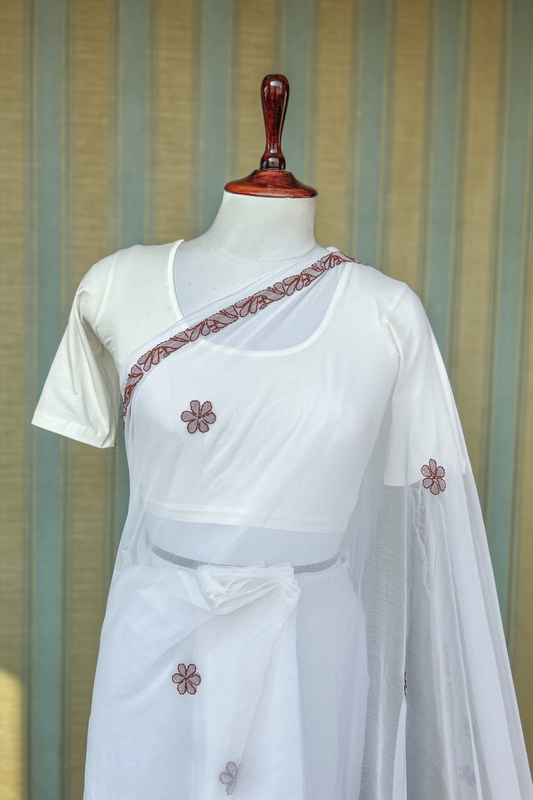 Arsh Handcrafted Semi Georgette Heavy Palla White Chikan Embroidered Saree