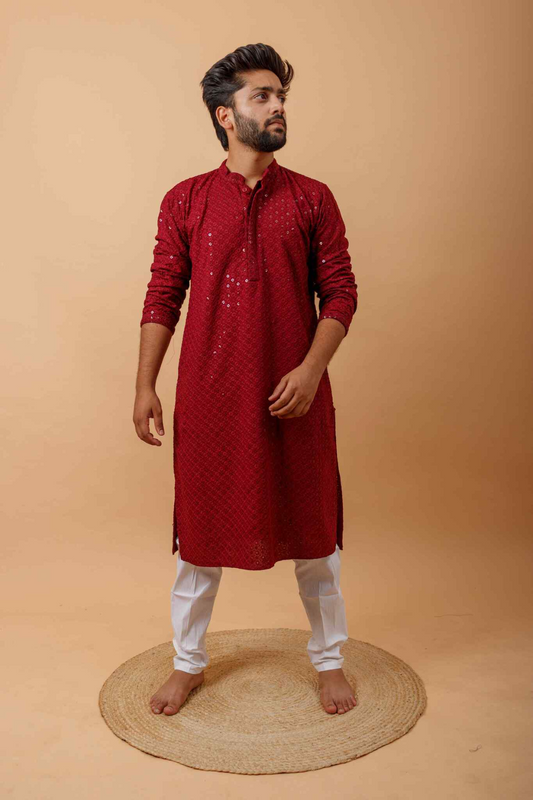 Arsh Maroon All Over Embroidered With Sequins Men's Kurta