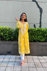 Arsh Handcrafted Yellow Salab Cotton Chikankari Kurti