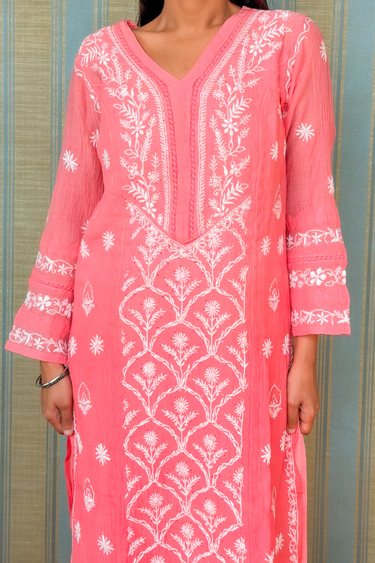 Arsh Handcrafted Kurti, Pant and Dupatta 3 pc Mul Chanderi Mukesh Chikan Set - arshchikan