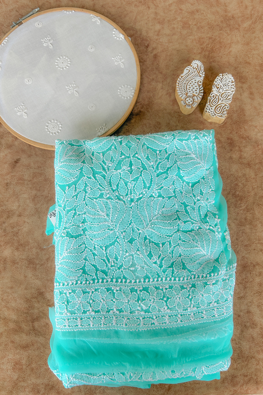 Arsh Handcrafted Sea Green Georgette Unstitched Chikankari 3pc Suit