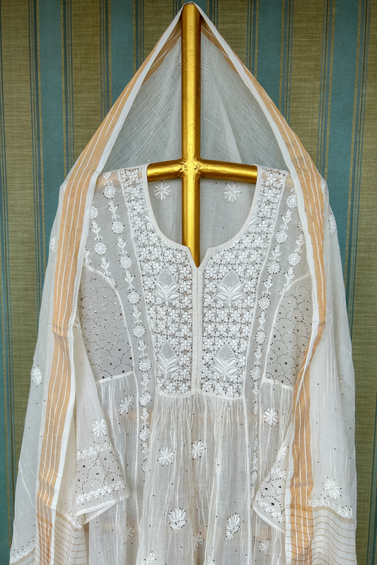 Arsh Handcrafted Pure Mul Chanderi Kurti and Dupatta Semi Stitched Set