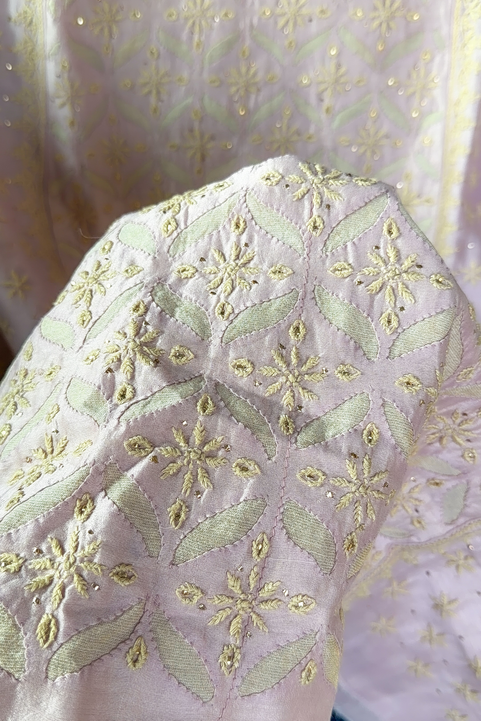 Arsh Handcrafted Chanderi Cutwork Semi-Stitched Chikankari Kurti and Dupatta set - arshchikan