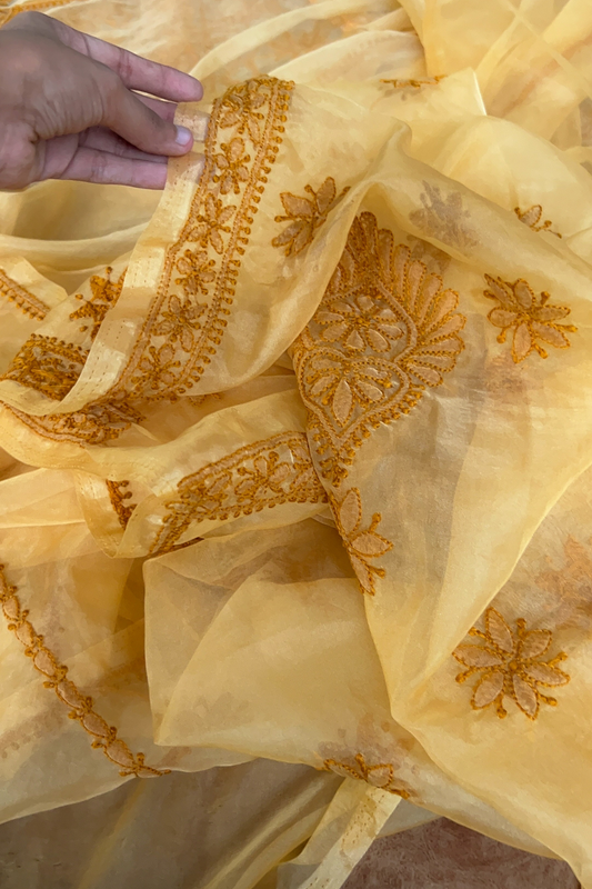 Arsh Handcrafted Mustard Organza Unstitched Chikankari Kurta and Dupatta Set