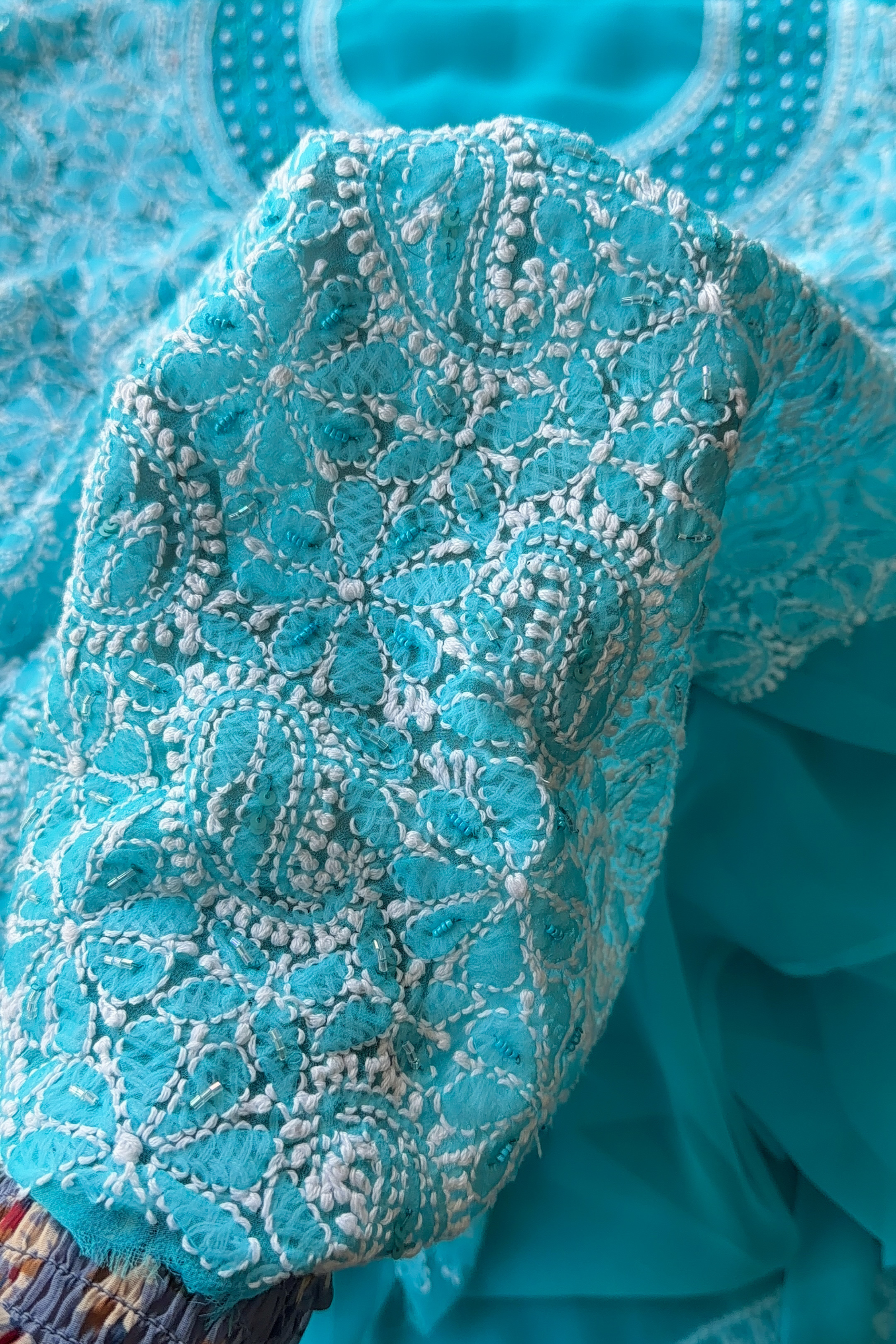 Arsh Hand Embroidered Aqua Blue Chikankari Unstitched Suit Set - arshchikan