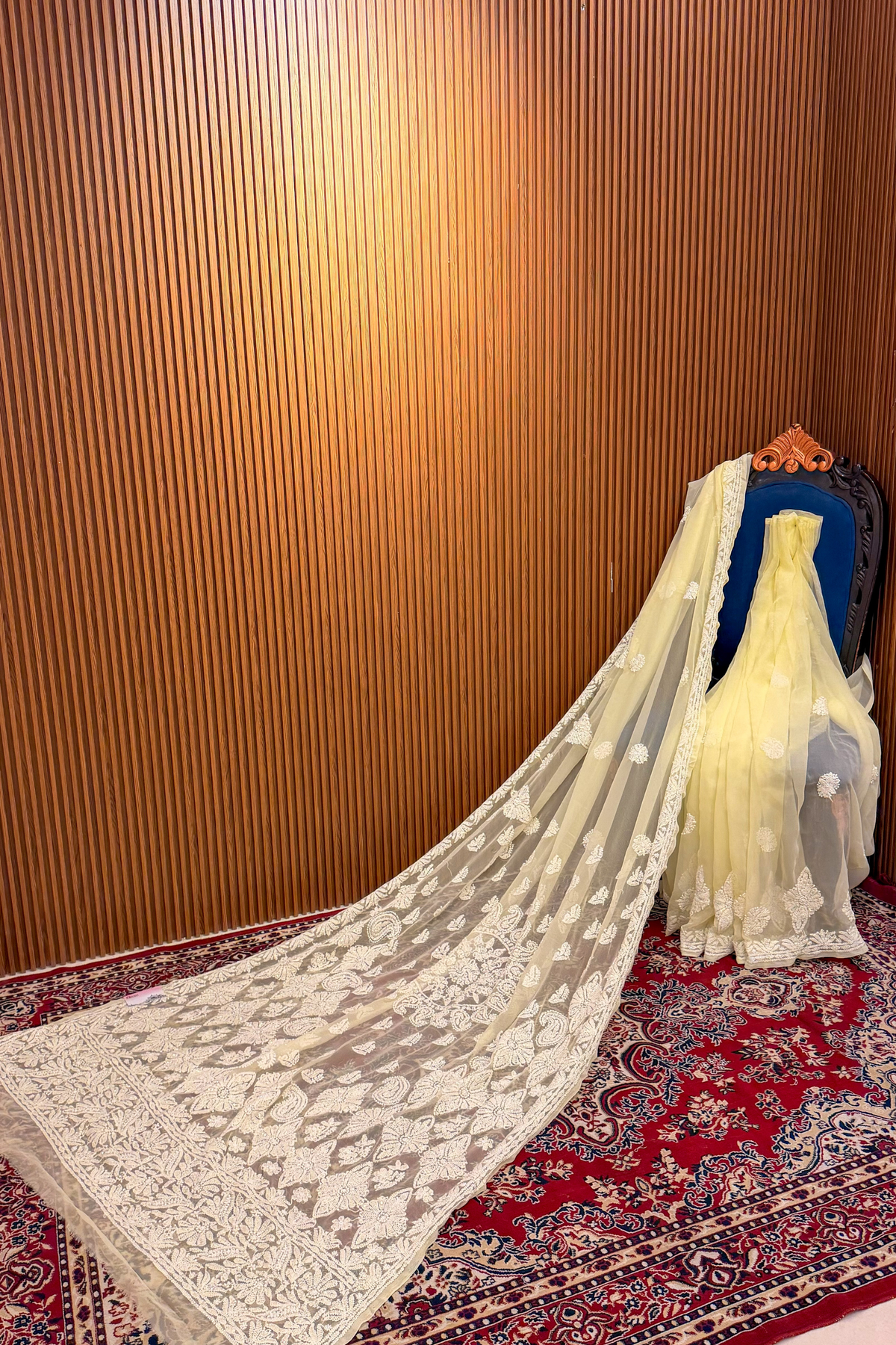 Arsh Handcrafted Georgette All Over Chikan Lemon Yellow Embroidered Saree