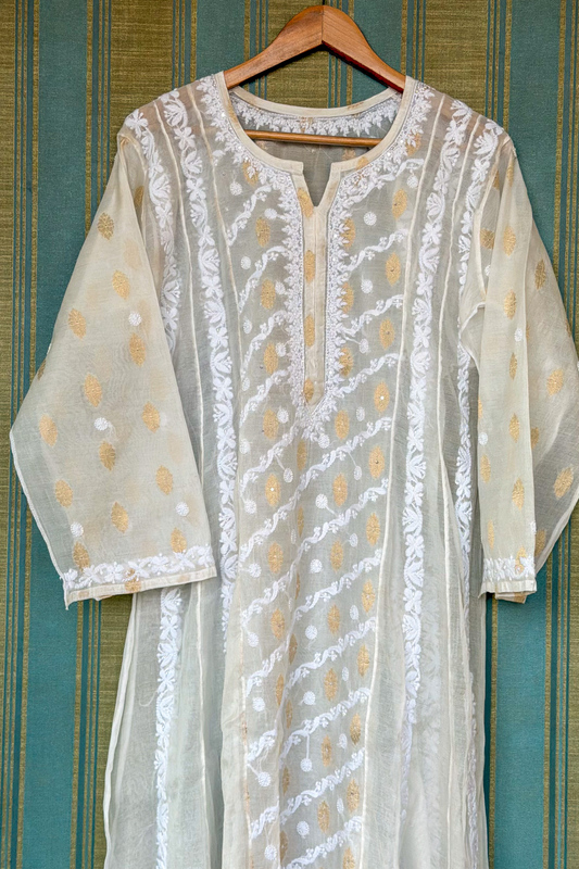 Arsh Handcrafted Pure Mul Chanderi Kurti and Dupatta Semi Stitched Set - arshchikan