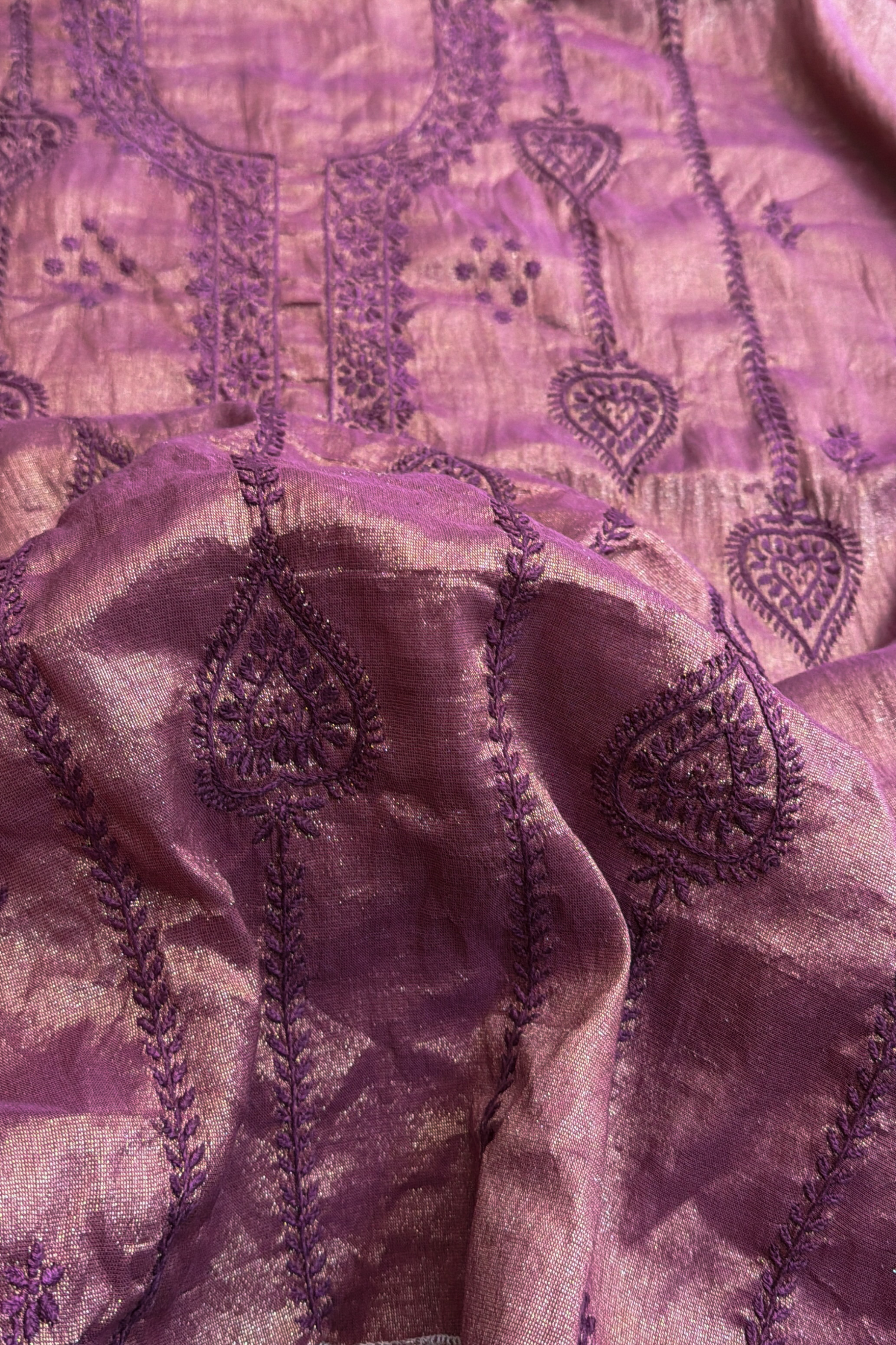 Arsh Handcrafted Tissue Chanderi Kurti and Dupatta Chikankari Set - arshchikan