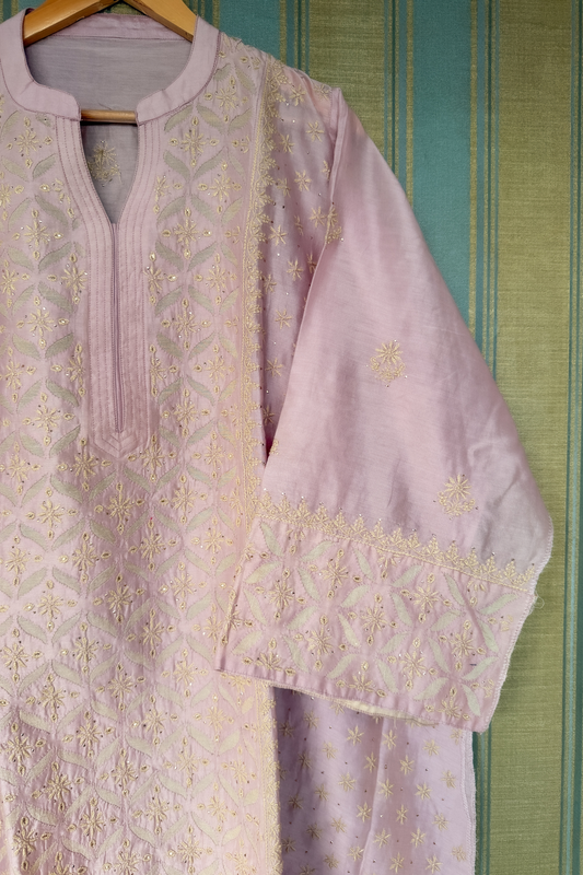 Arsh Handcrafted Chanderi Cutwork Semi-Stitched Chikankari Kurti and Dupatta set