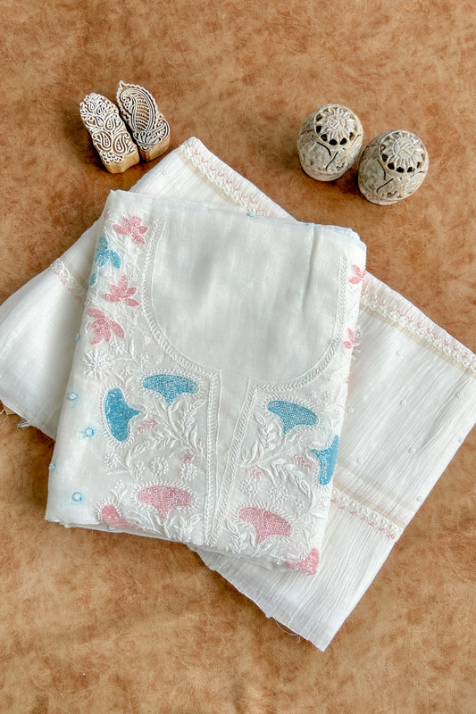 Arsh Handcrafted Mul Chanderi Unstitched Chikankari Kurti and Dupatta set