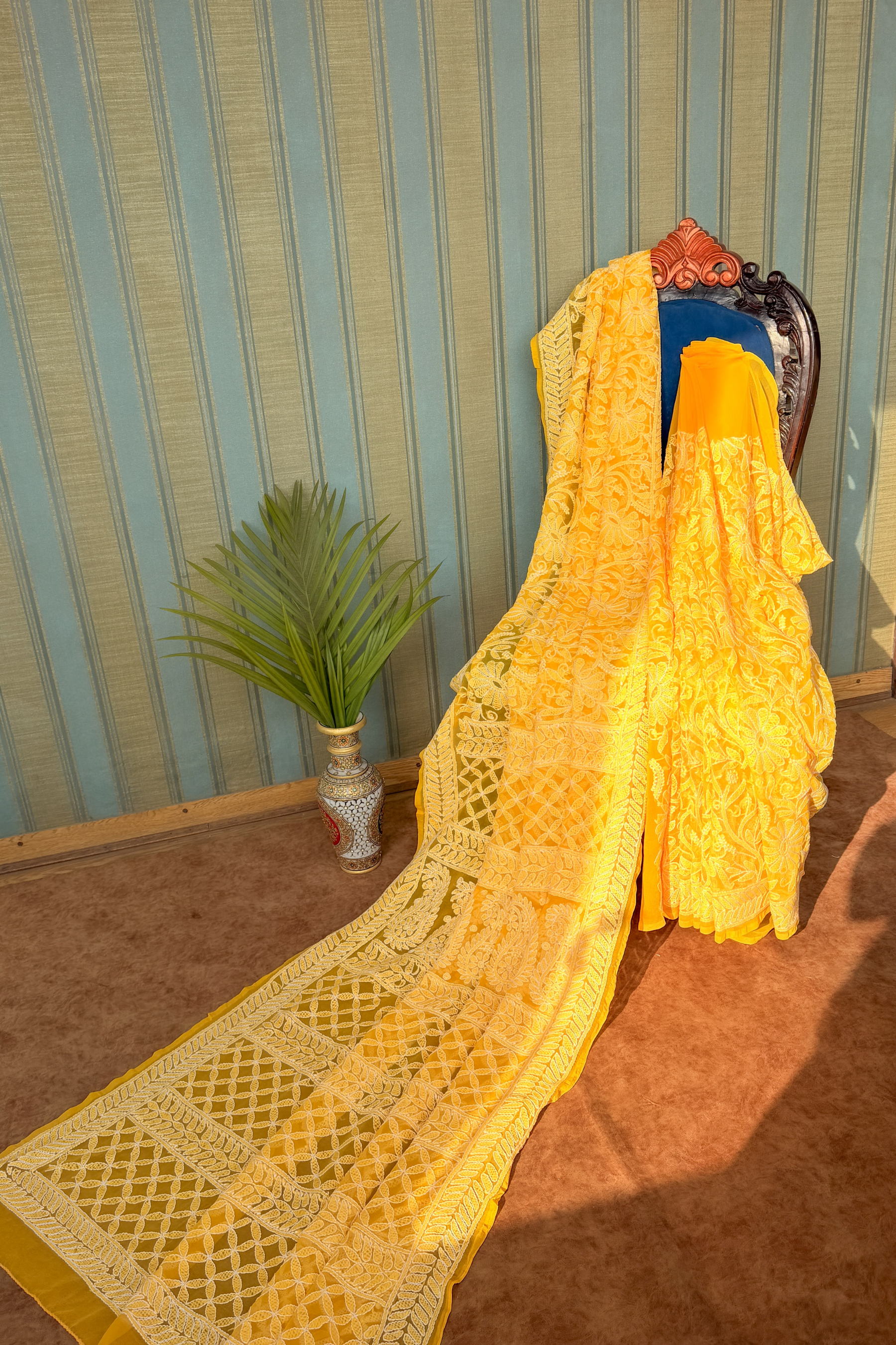 Arsh Handcrafted Georgette All Over Chikan Yellow Embroidered Saree - arshchikan