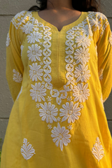 Arsh Handcrafted Yellow Salab Cotton Chikankari Kurti