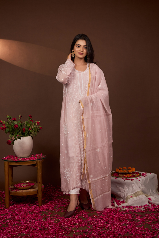 Arsh Handcrafted Mul Chanderi Kurti and Dupatta Semi Stitched Nayra Design Set